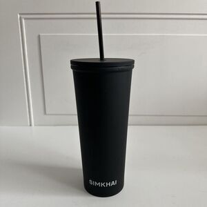 Designer Jonathan Simkhai Logo 24 Ounce Aluminum Drink Tumbler Metal Straw Black